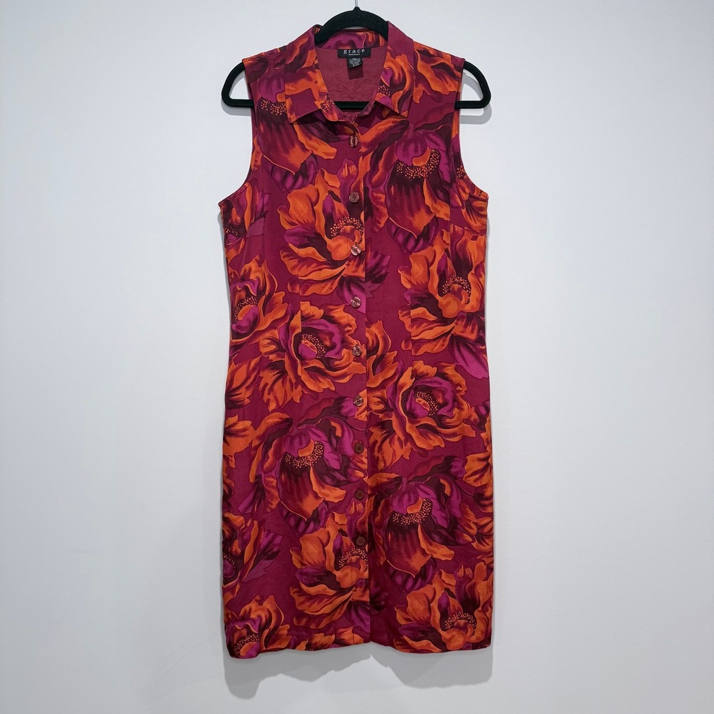 GRACE Dresses Sleeveless Collared‎ Floral 100% Silk Button Front Dress Size 16